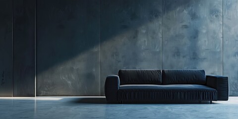 A dark blue sofa sits in front of a concrete wall with a beam of sunlight.