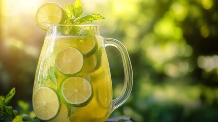 Poster - A pitcher of refreshing lemonade with lime slices and mint leaves, set on a wooden table against a blurred green background.