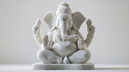 A modern sculpture of Lord Ganesha seated, made from smooth marble or resin, with geometric patterns and stylized features, blending traditional symbolism with a sleek, minimalist design