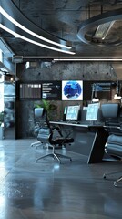 High-tech office space with ergonomic furniture and computers, 4K hyperrealistic photo