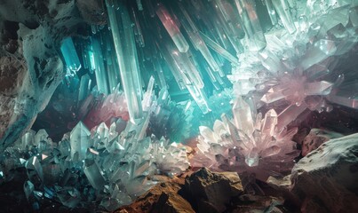 Wall Mural - Expedition through an ethereal crystal cave system, 4K hyperrealistic photo