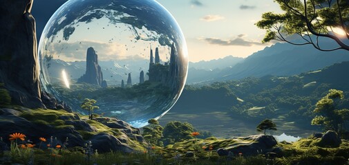 A large, transparent orb rests on a grassy hill in front of a lush, green landscape with towering mountains in the distance.