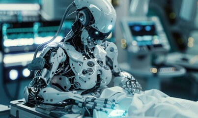 High-tech robot performing surgery, 4K hyperrealistic photo