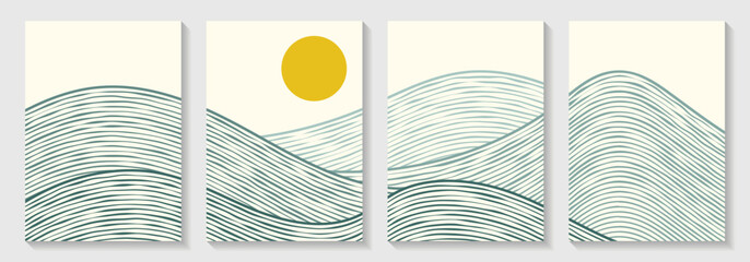 Wall Mural - landscape japanese poster background wave and mountain vector design illustration with grunge line a