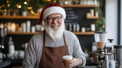 Santa Claus as a cheerful barista holding a coffee cup in a cozy café, spreading festive joy while serving coffee with a warm smile and holiday ambiance.