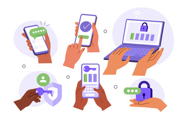 characters hands holding smartphone, laptop and typing two factor authentication code, pin to verify