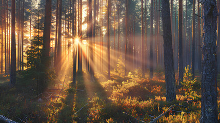 Beautiful forest landscape with sun rays through trees in the pine and spruce woodlands at sunrise or sunset.