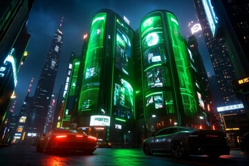 A cyberpunk city with towering walls of holographic screens, streaming media from across the galaxy, blending high-tech fantasy with the futuristic power of broadcasting and fiber optics