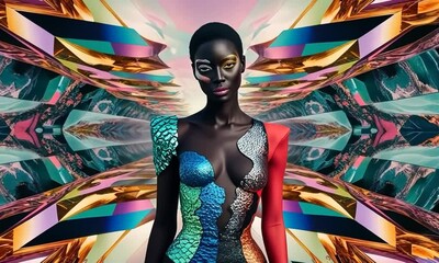 Poster - An exquisite model stands confidently against an abstract, futuristic backdrop, showcasing a stunning outfit that merges fashion with vibrant artistic flair and creativity