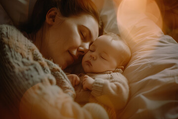 Close up portrait of a beautiful young mother holding a newborn baby in her arms. The woman is looking at the camera and smiling, concept conveys warm family love and care for children.