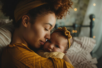 Close up portrait of a beautiful young mother holding a newborn baby in her arms. The woman is looking at the camera and smiling, concept conveys warm family love and care for children.