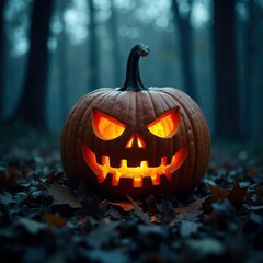 Scary looking pumpkin in woods, dark grim theme