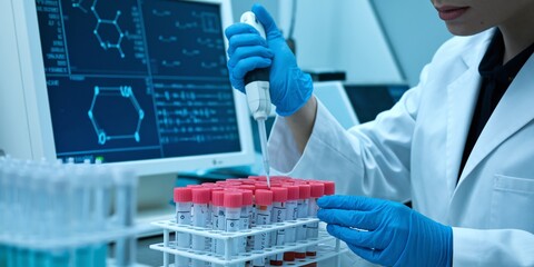 A close-up of a medical analysis laboratory, featuring a scientist’s gloved hands handling a test tube filled with a blue liquid. Advanced lab equipment surrounds the scene.