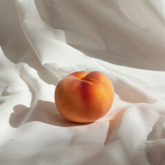 Ripe peach or nectarine on a white textile background. Banner template still life of fresh autumn harvest, for backdrops, wallpapers and card