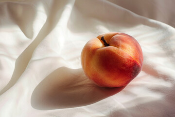 Ripe peach or nectarine on a white textile background. Banner template still life of fresh autumn harvest, for backdrops, wallpapers and card