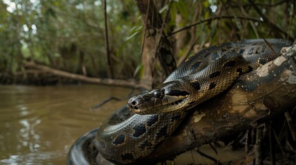 Poster - A Reticulated Python Resting on a Branch Over a River