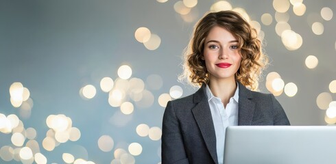 Confident businesswoman in front of laptop with a blurred background.