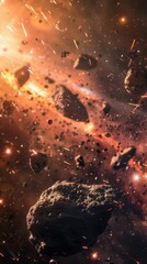 Wall Mural - galactic clash among asteroid fields and celestial debris, 4k hyperrealistic photo
