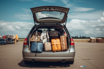 Car on parking lot with open trunk filled with luggage