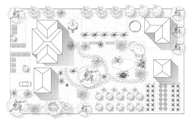Wall Mural - top view landscape design plan with house, courtyard, lawn. black and white highly detailed plan of 