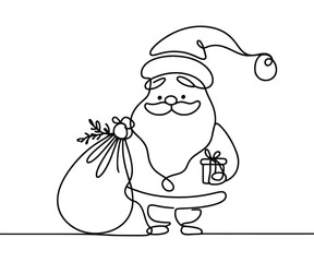 Wall Mural - Single drawing with continuous line on white background. Santa Claus with sack of presents on minimalistic background	