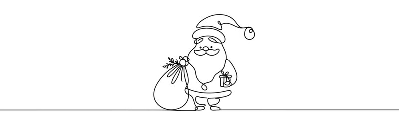 Wall Mural - Single drawing with continuous line on white background. Santa Claus with sack of presents on minimalistic background	