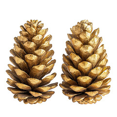 Two pinecones painted in metallic glitter gold isolated on white background, perfect for holiday decor, Christmas displays, or rustic glam home accents.