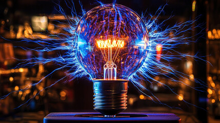 A glowing vintage light bulb surrounded by electric sparks, creating a captivating and dynamic visual effect in a dark, atmospheric setting.