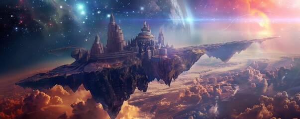 Wall Mural - floating celestial citadel in the cosmos, 4k hyperrealistic photo