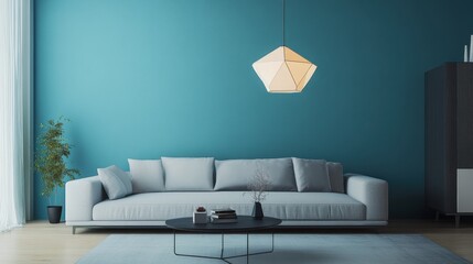 A modern living room with a minimalist design featuring a blue wall, gray sofa, geometric light, and simple decor.