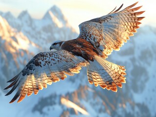 Low poly hawk soaring above majestic mountain peaks, vivid colors, dynamic composition, artistic interpretation of nature's beauty