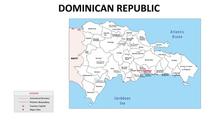 Dominican Republic Map. State map of Dominican Republic. Administrative map of Dominican Republic with state and capital in white color.