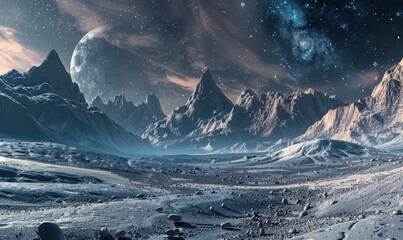 Wall Mural - lunar-like landscape with rugged mountains and barren rocks, 4k hyperrealistic photo