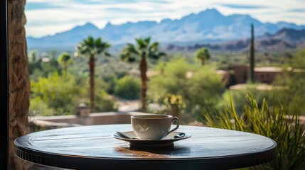 Poster - Coffee on a table with a view of the mountains in the background