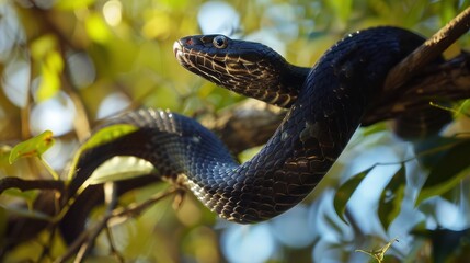 Wall Mural - Black Snake Wrapped Around Branch in Foliage