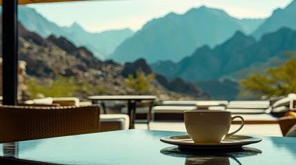 Poster - Coffee on a table with a view of the mountains in the background