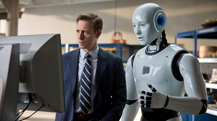 Standing in front of a monitor are a man and a robot. With a blue face, the robot is white. In a suit and tie, the man is dressed. Man and robot are conversing. 
