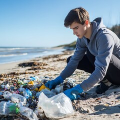 Wall Mural - A young person cleaning up plastic waste on a beach, promoting environmental awareness.