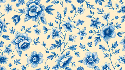 Classic blue floral design with intricate leaf and flower details, Generative AI