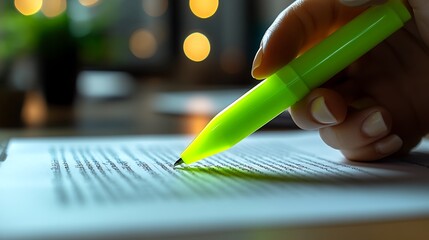 Fingers holding a bright green highlighter, carefully underlining a section on a business document, the paper slightly textured and glowing under soft daylight,