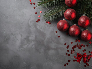 On a gray background lie Christmas sparkling red balls, a fir branch, scattered confetti