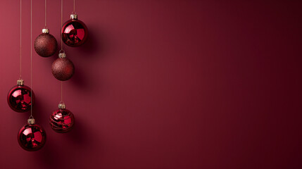 Wall Mural - Burgundy christmas background with wine red colored christmas decorations  on fir branches with red berries on rich burgundy background with copy space
