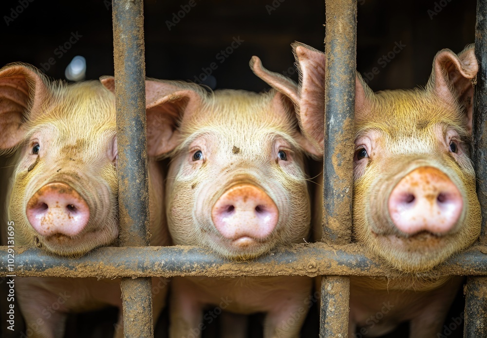  pigs in their pen-enclosed cage on a farm, their heads protruding through holes in the side and front bars of the enclosure, generative ai