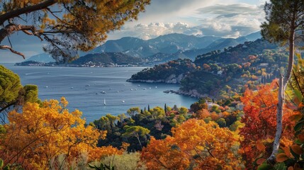 Wall Mural - Autumnal Forest Overlooking a Coastal Town and Mountains