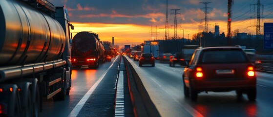 Traffic on Road with Trucks and Cars at Sunset