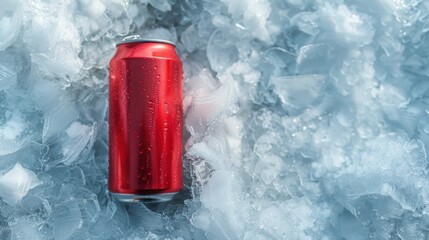 blank black aluminum can, crushed ice background with copy space