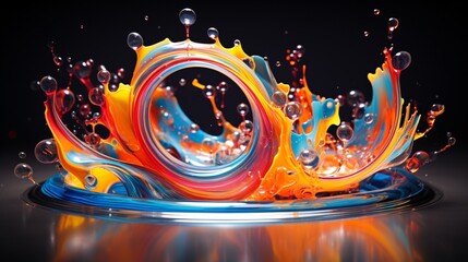 Colorful oily liquid forming a circular splash on a reflective surface