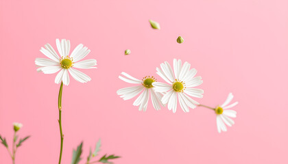 Fresh cornflower blossom beautiful white flowers falling in the air isolated on pink background. Zero gravity or levitation spring flowers conception, high resolution image