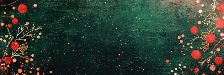 Poster - A vibrant holiday background showcases a rich green texture adorned with red berries, gold accents, and delicate foliage, perfect for festive designs and seasonal projects