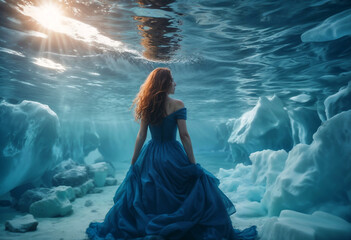 Redhead woman in blue dress in water with ice